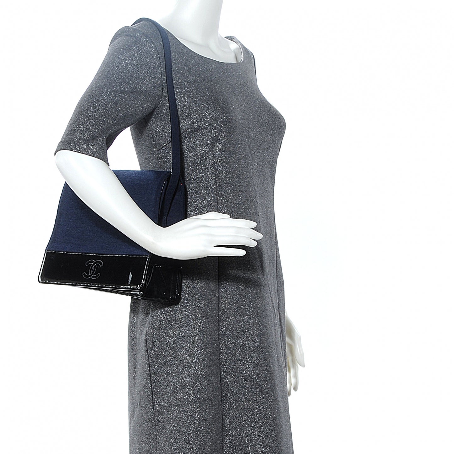 Patent Trim Jersey Shoulder Bag Dark Blue