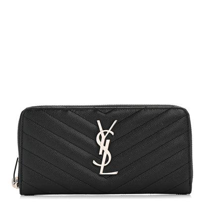 Saint Laurent Grain De Poudre Matelasse Chevron Monogram Zip Around Wallet Black 1 of 8