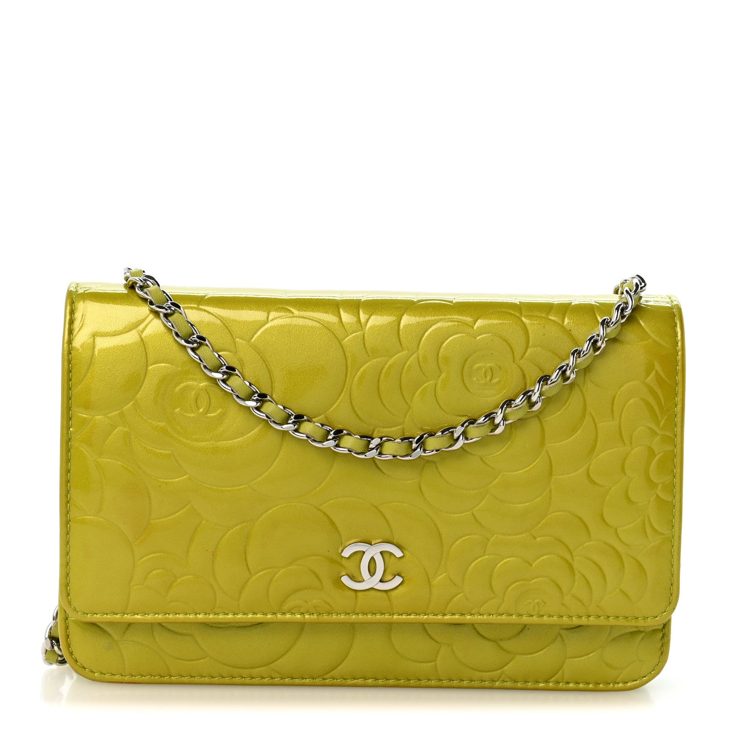 Chanel Patent Camellia Embossed Wallet on Chain WOC Green 1 of 14