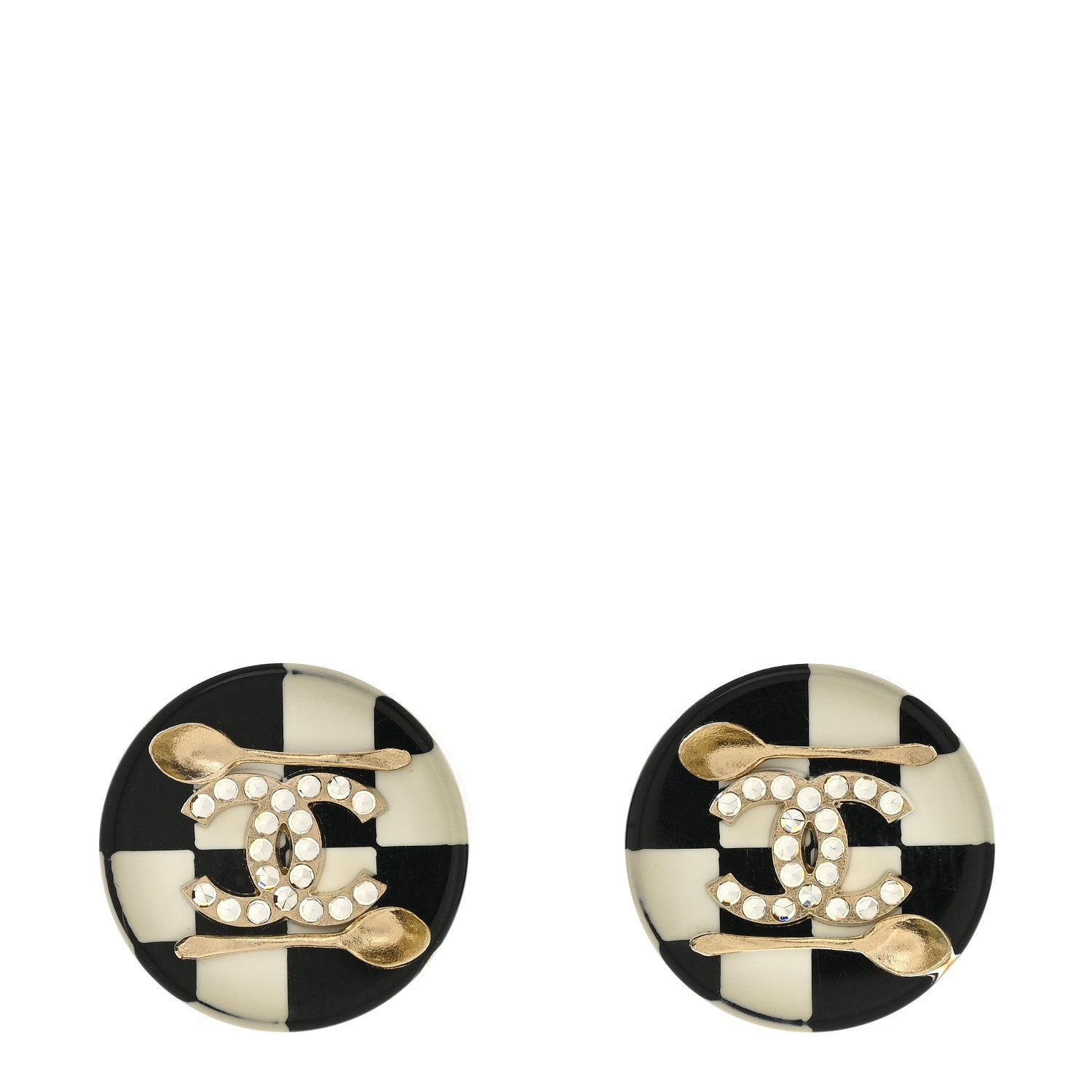 Chanel Crystal Resin Spoon Brasserie CC Stud Earrings Black White 1 of 6