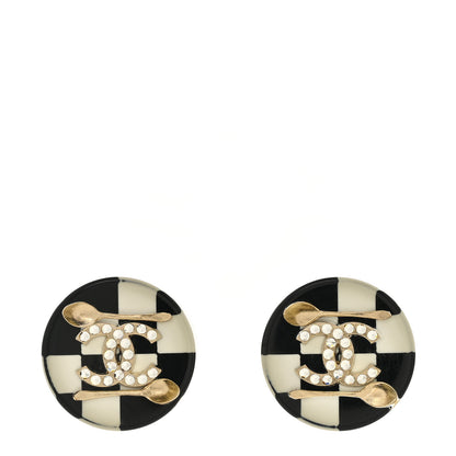 Chanel Crystal Resin Spoon Brasserie CC Stud Earrings Black White 1 of 6