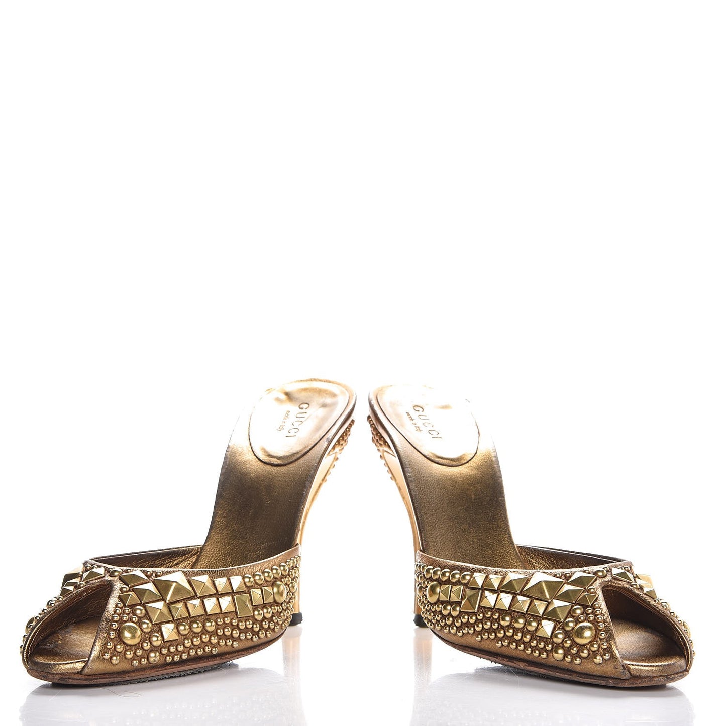 Calfskin Studded Peep Toe Mules 6.5 Gold