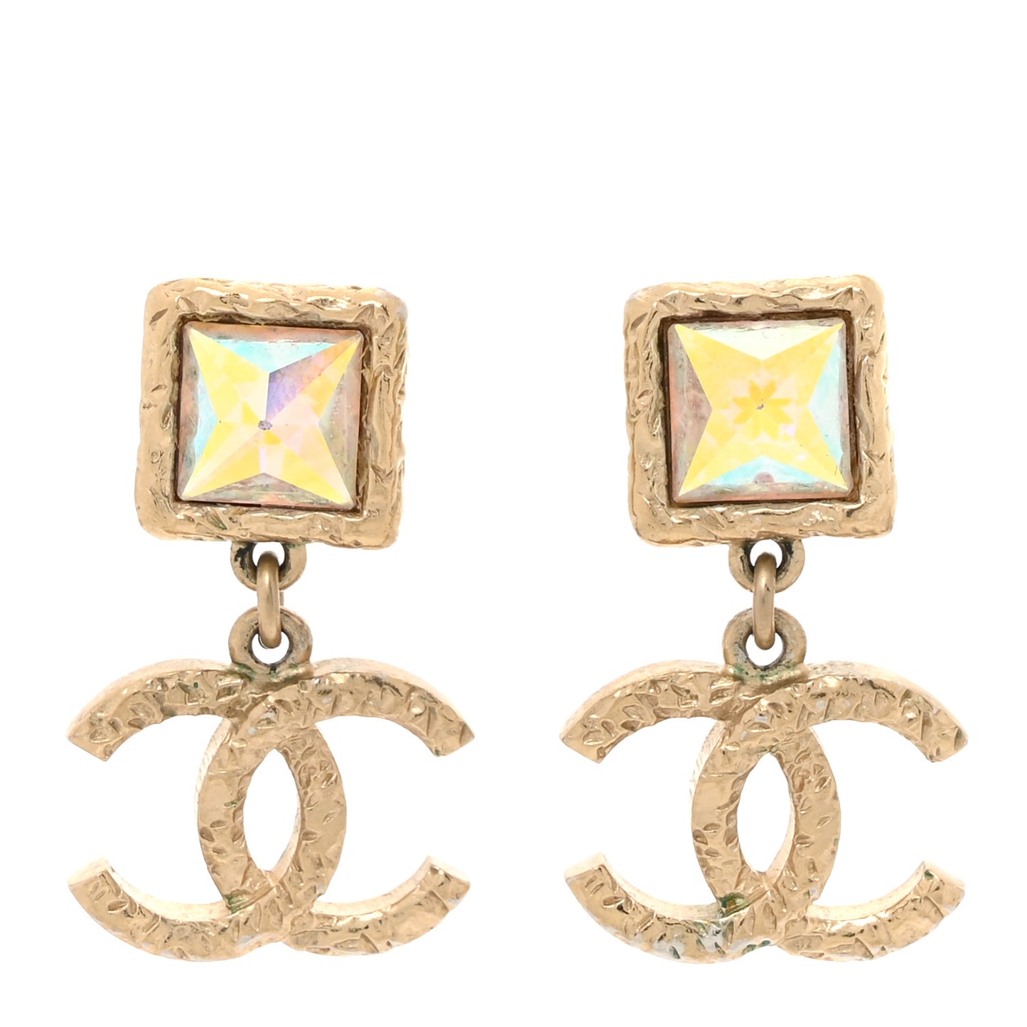 Iridescent Baguette Crystal CC Drop Earrings Gold