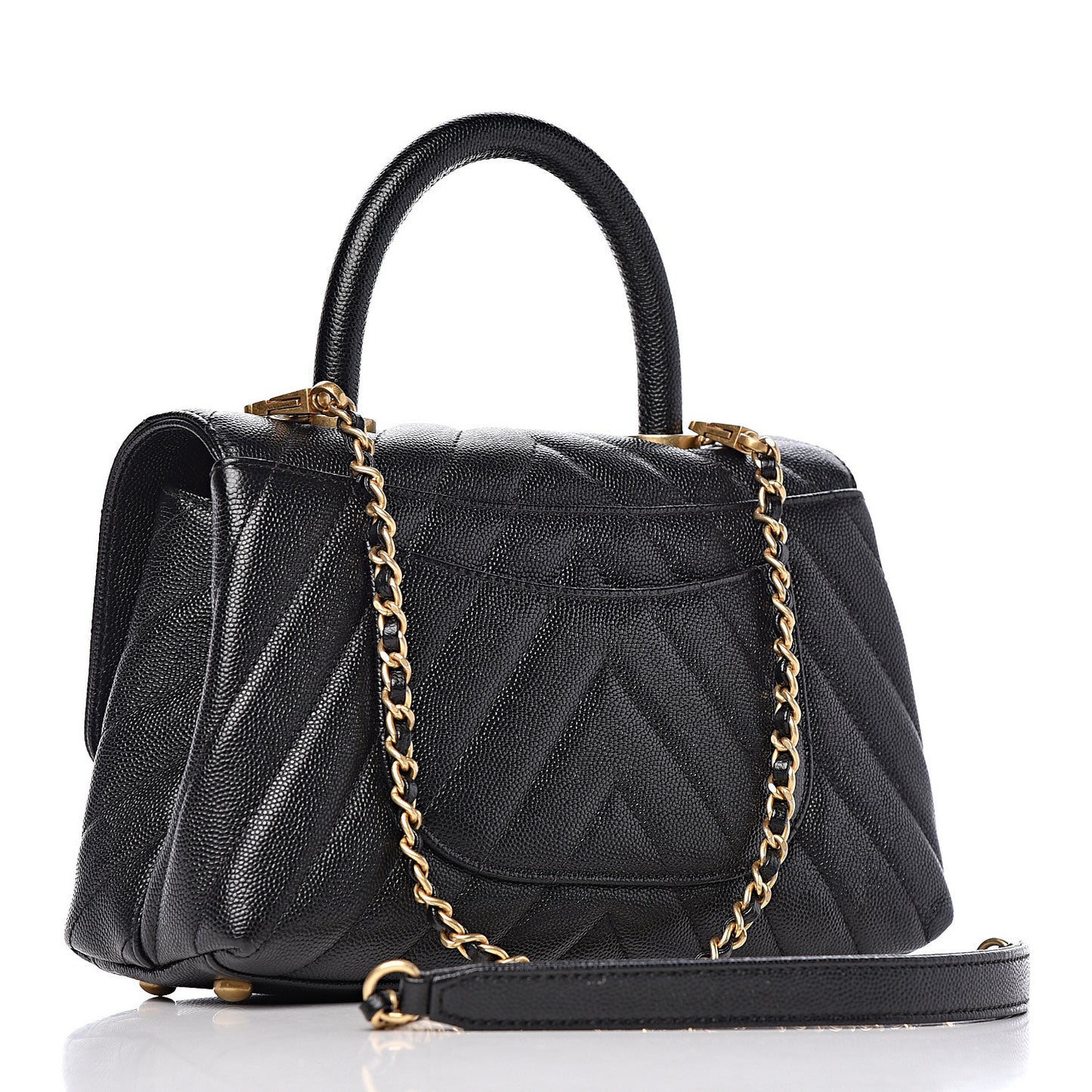 Caviar Chevron Quilted Mini Coco Handle Flap Black