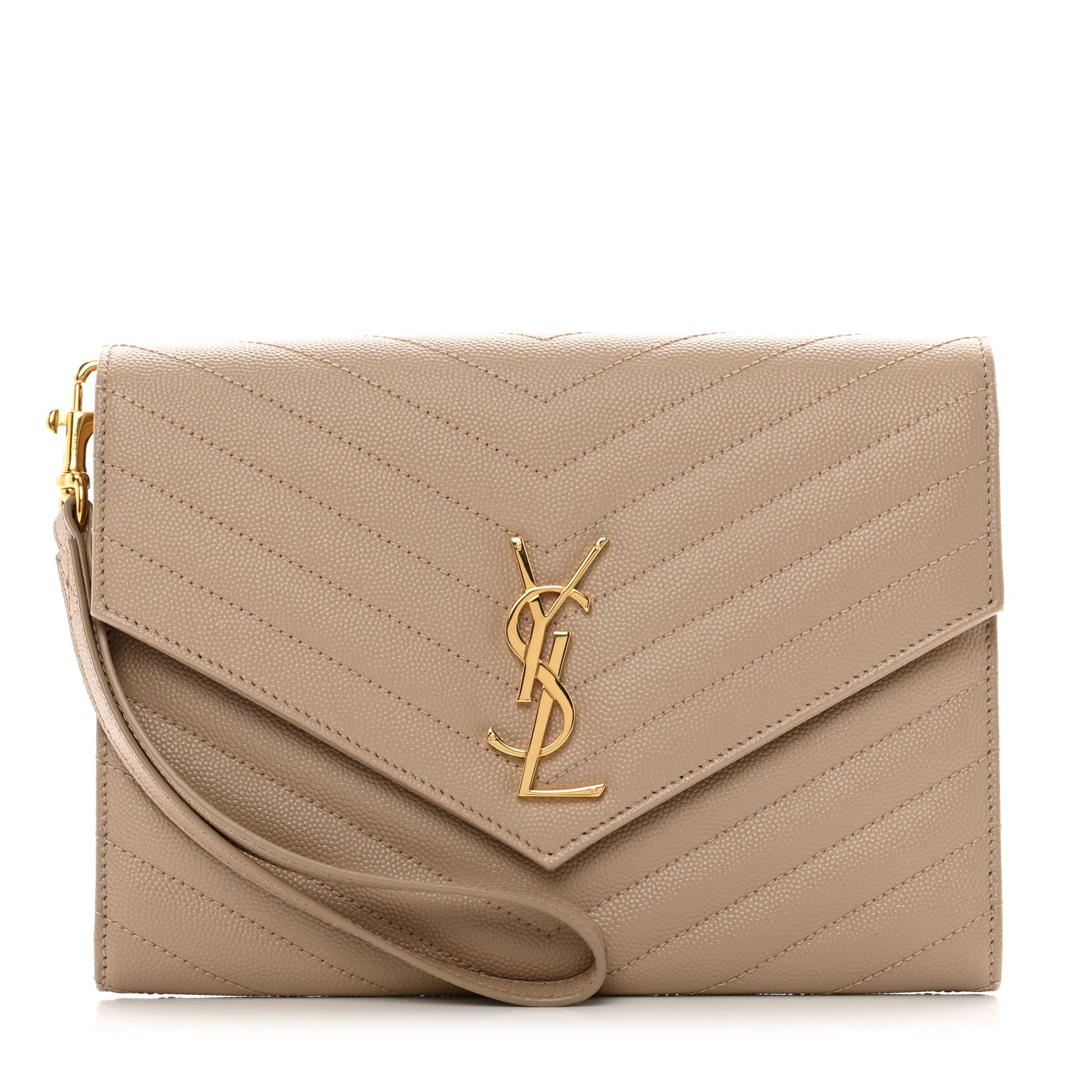 Saint Laurent Grain De Poudre Matelasse Chevron Monogram Envelope Clutch Dark Beige 1 of 8