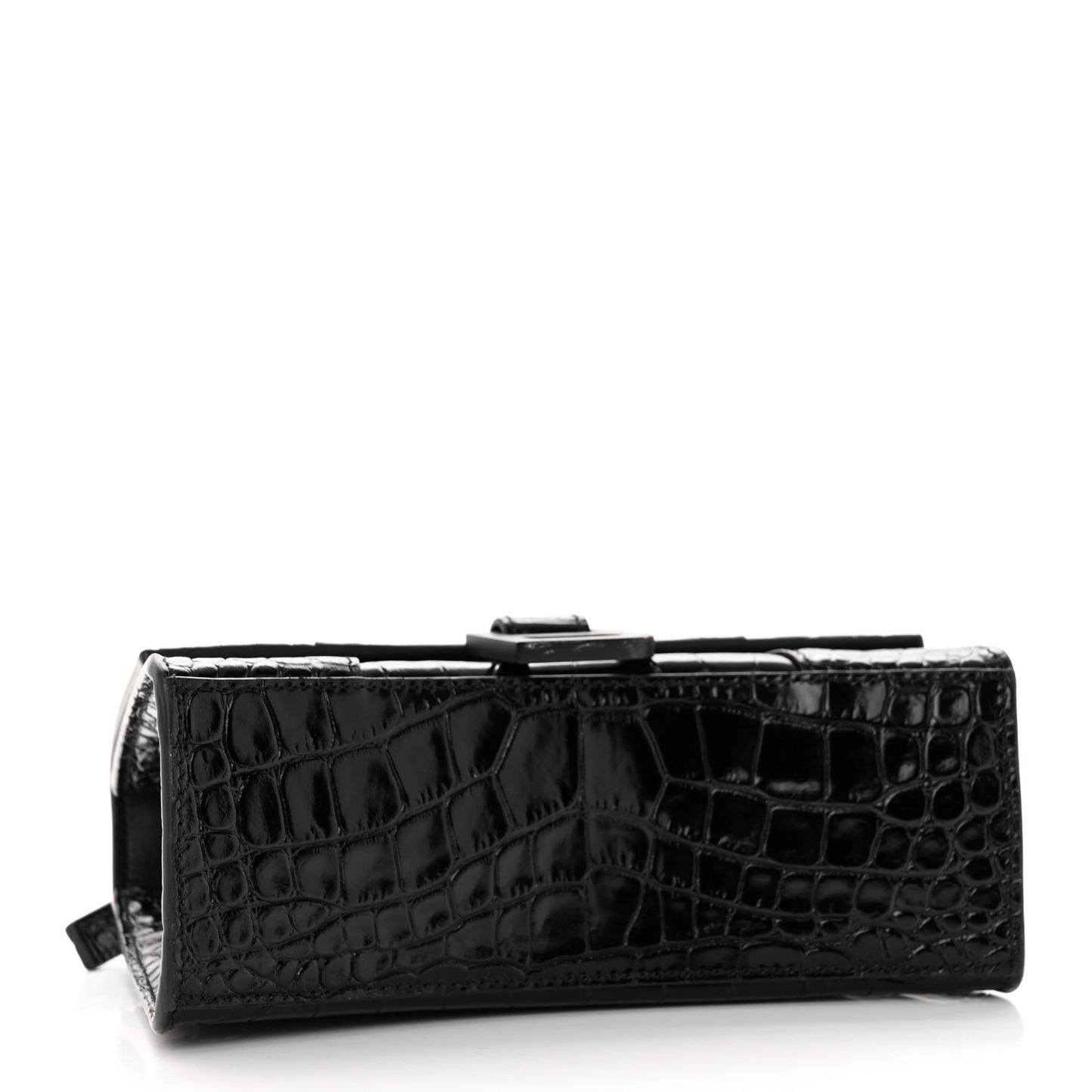 Shiny Calfskin Monochrome Crocodile Embossed Hourglass Top Handle Bag XS Black