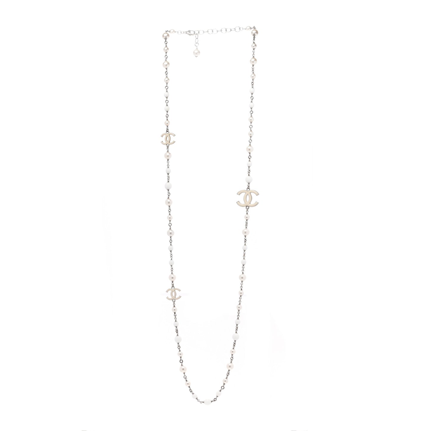 Pearl Beaded Enamel CC Long Necklace White