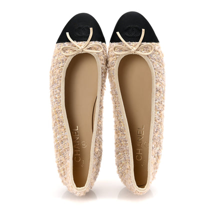 Chanel Glittered Tweed Sequin Grosgrain Cap Toe Ballet Flats 41 Beige Light Yellow Ecru Black 2 of 10