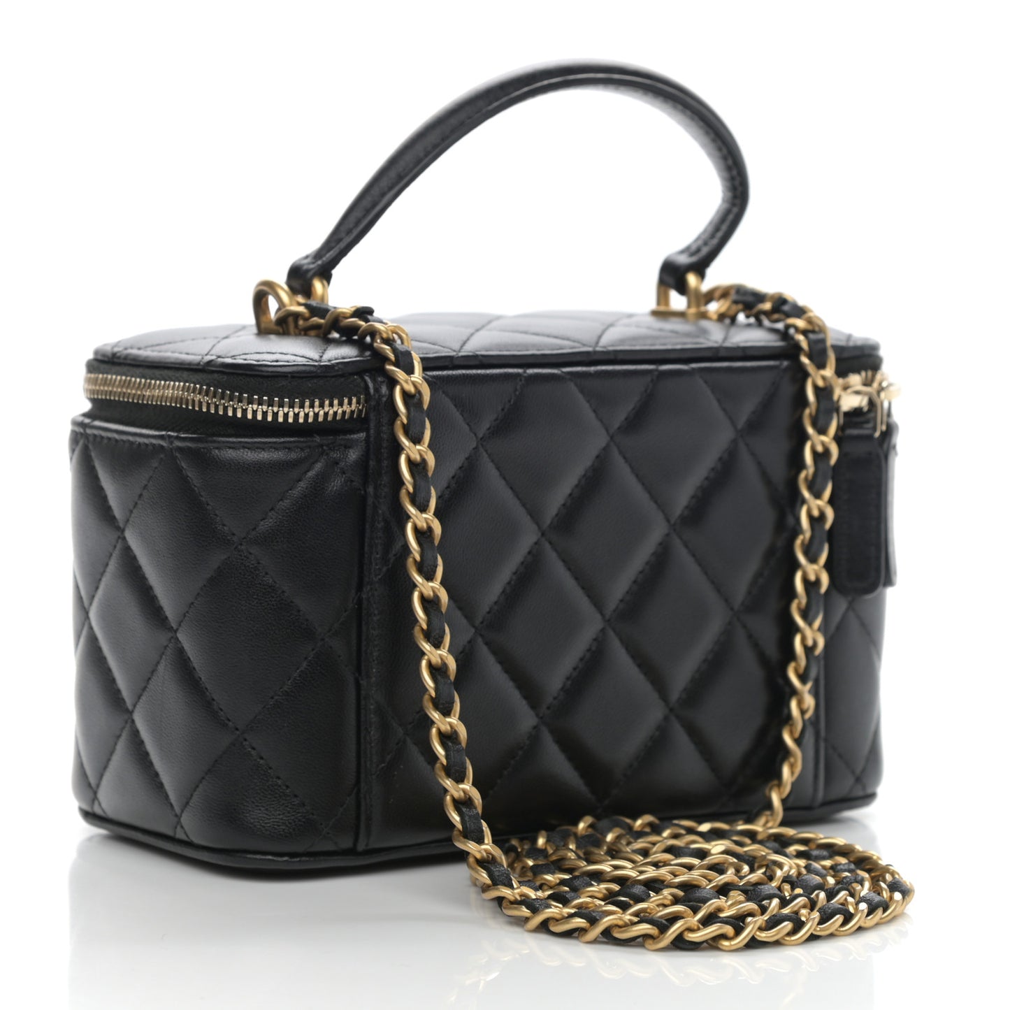 Lambskin Quilted Small Top Handle Vanity Case With Chain Black