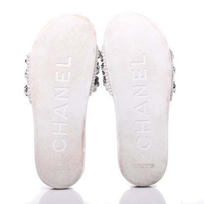 Chanel Tweed Lambskin Chain Flat Sandals 38 White 5 of 12
