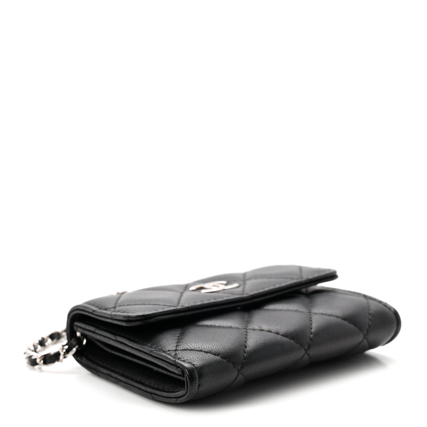 Lambskin Quilted Card Holder On Chain Black