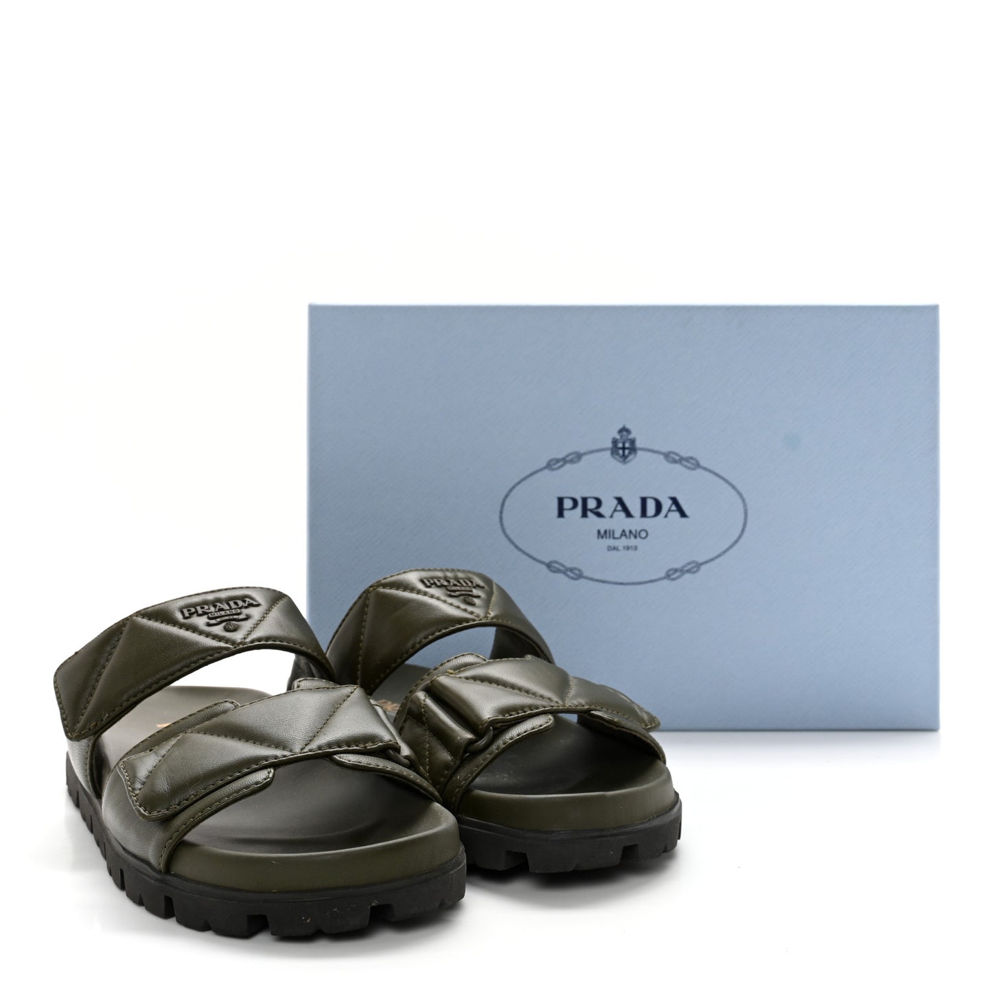 Nappa Logo Quilted Velcro Strap Lug Sole Slide Sandals 36.5 Militare