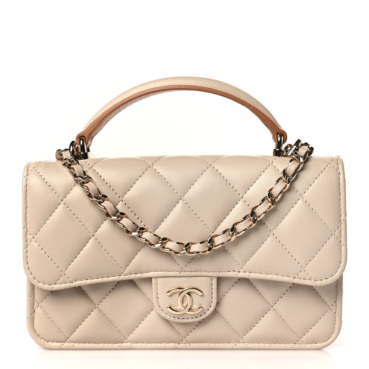 Lambskin Quilted Flap Phone Holder With Chain Beige Brown