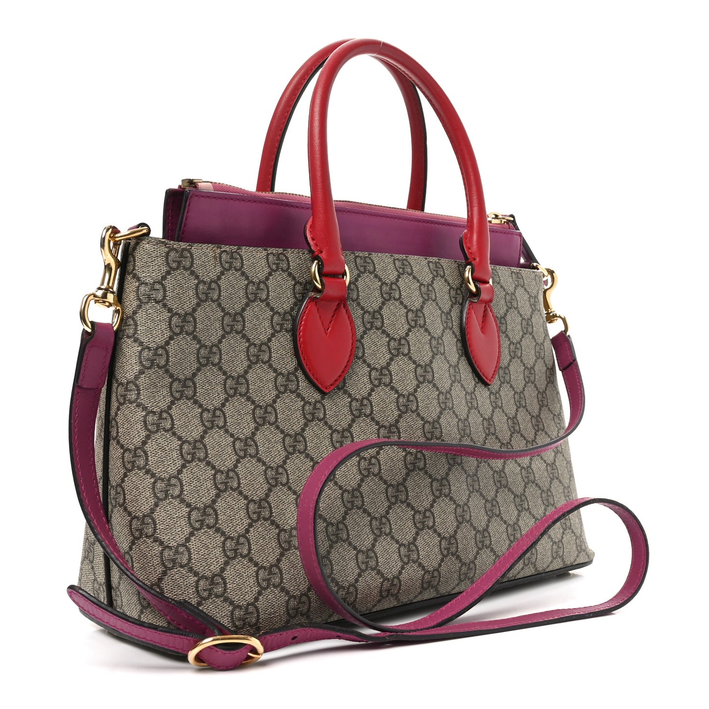 GG Supreme Monogram Moon Calfskin Small Zip Top Tote Beige Ebony Hibiscus Red New Rosette