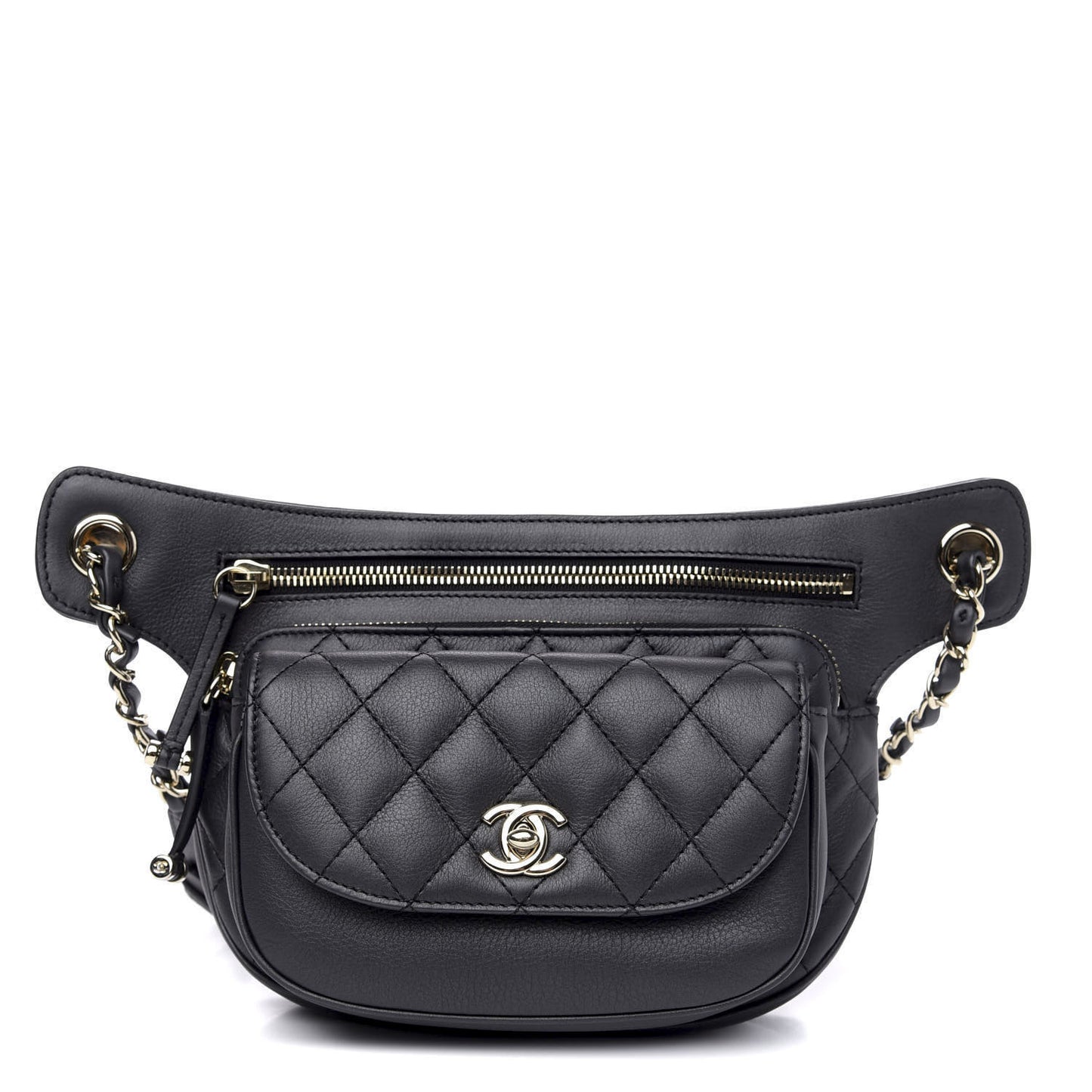 Calfskin Flap Chain Waist Bag Black