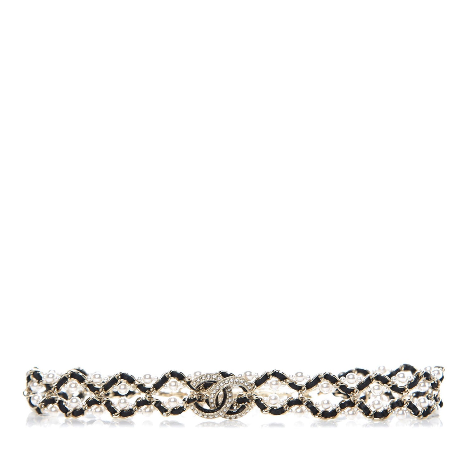Pearl Lambskin CC Chain Twist Choker Necklace Black Gold