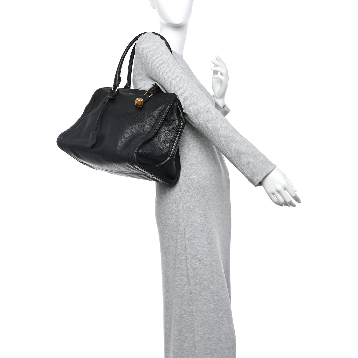 Pebbled Calfskin Large Skull Padlock Zip Around Tote Black