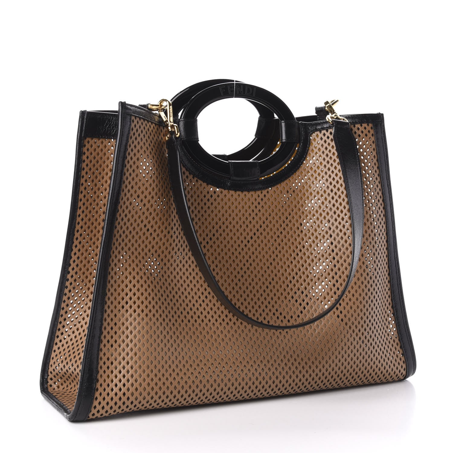 Fendi Vitello Liberty Glossy Lambskin Perforated Medium Runaway Shopper Tote Sand Mimosa Black 4 of 11