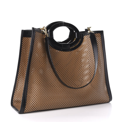 Fendi Vitello Liberty Glossy Lambskin Perforated Medium Runaway Shopper Tote Sand Mimosa Black 4 of 11