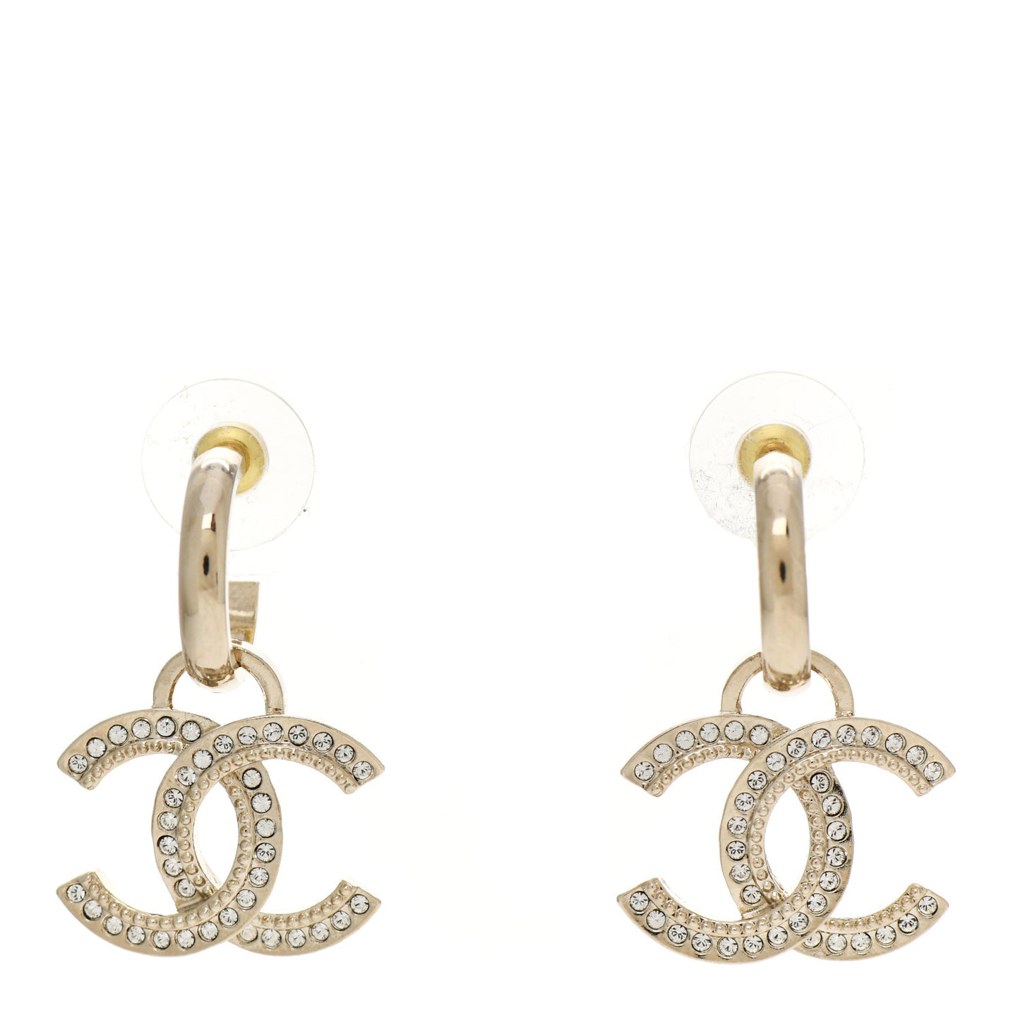 Metal Crystal Studded CC Hoop Drop Earrings Gold