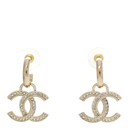 Chanel Metal Crystal Studded CC Hoop Drop Earrings Gold 1 of 4