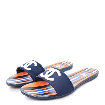 Chanel Rubber CC Mules Sandals  38  Dark Navy Blue Orange 4 of 10