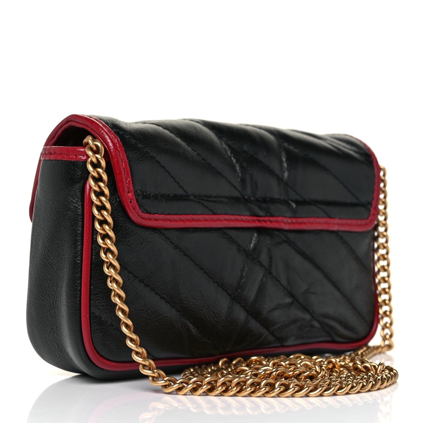 Vintage Effect Calfskin Matelasse Diagonal Super Mini Torchon GG Marmont Shoulder Bag Black Romantic Cherry