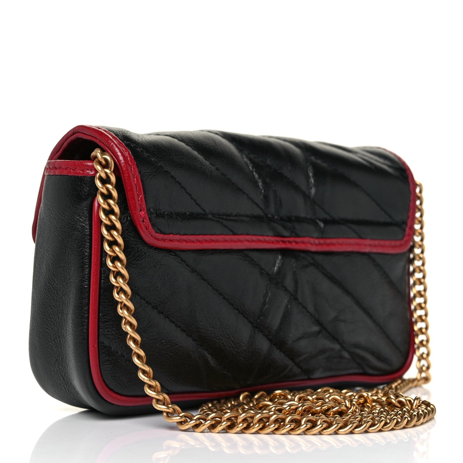 Gucci Vintage Effect Calfskin Matelasse Diagonal Super Mini Torchon GG Marmont Shoulder Bag Black Romantic Cherry 3 of 9