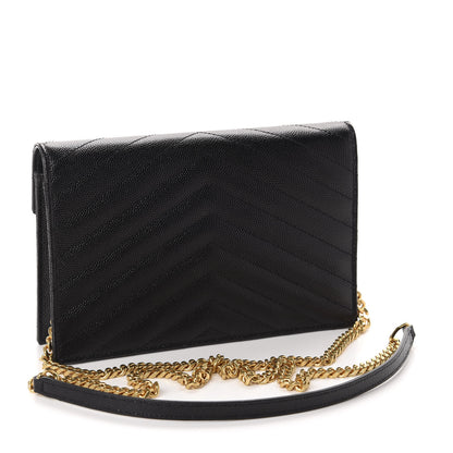 Saint Laurent Grain De Poudre Matelasse Chevron Monogram Envelope Chain Wallet Black 3 of 11