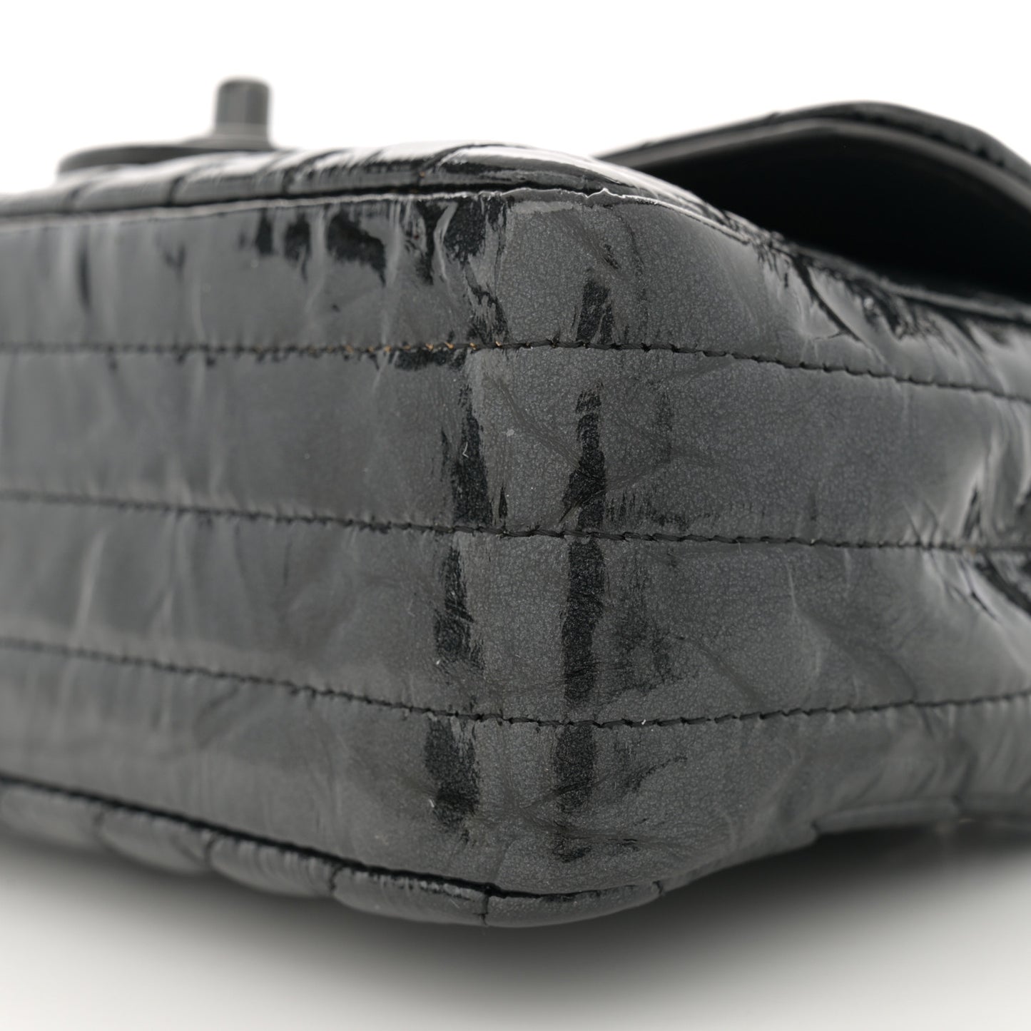 Patent Metallic Crumpled Calfskin Chevron Quilted Mini Rectangular Flap So Black