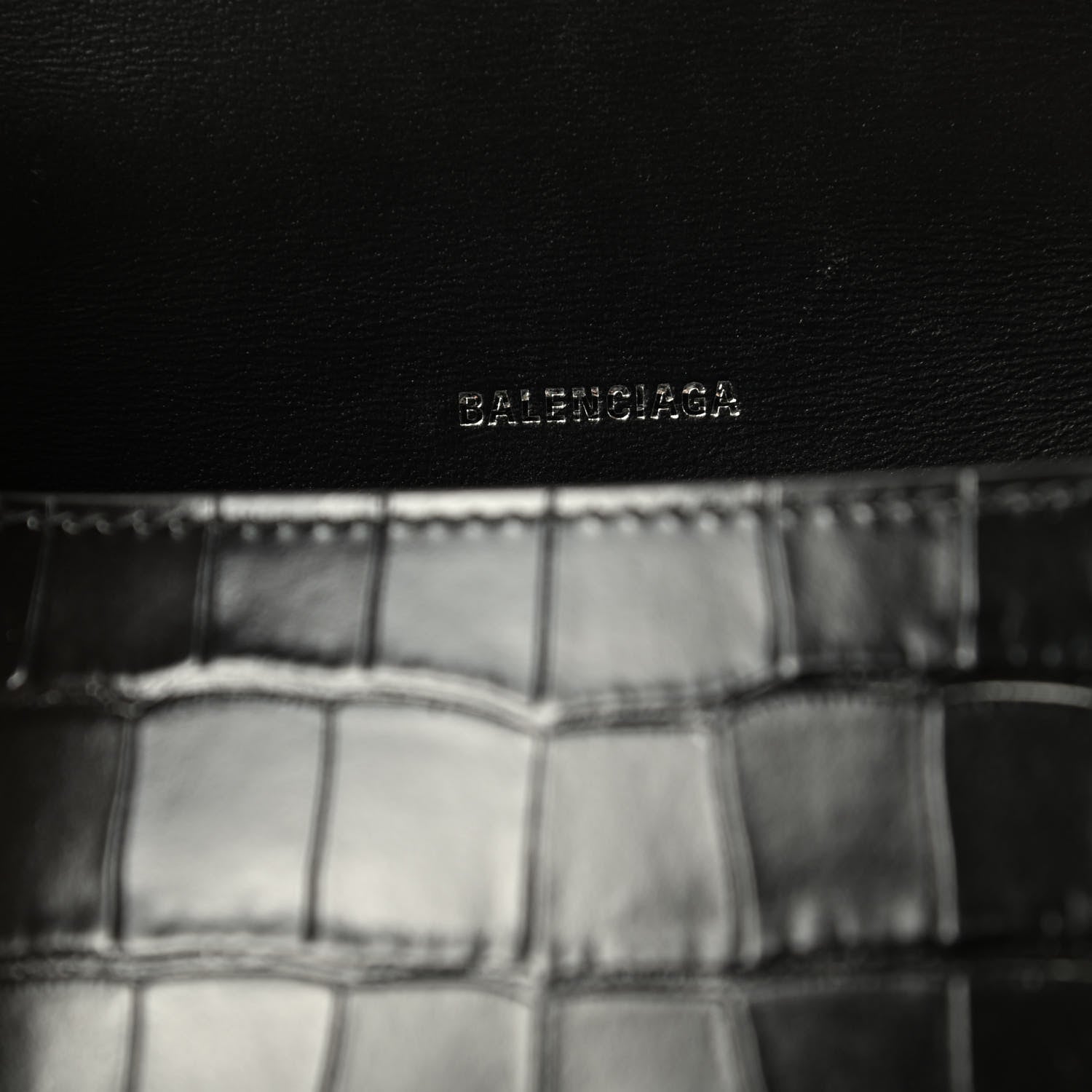 Balenciaga Shiny Calfskin Monochrome Crocodile Embossed Small Hourglass Top Handle Bag Black 8 of 8