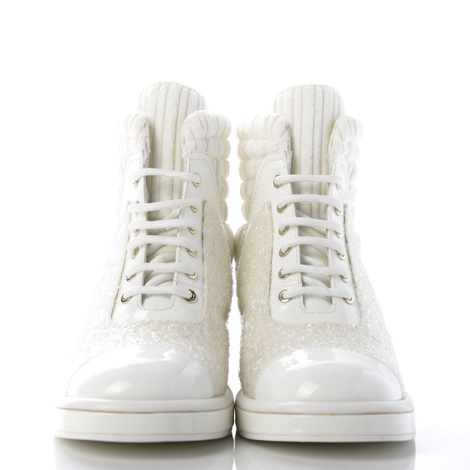 Chanel Tweed Patent Calfskin Velvet Lace Up Boots 37 White 2 of 9