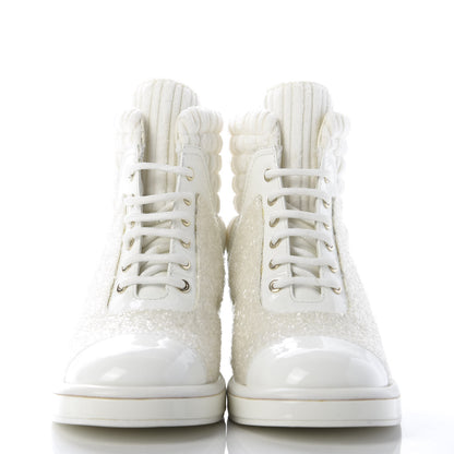 Chanel Tweed Patent Calfskin Velvet Lace Up Boots 37 White 2 of 9