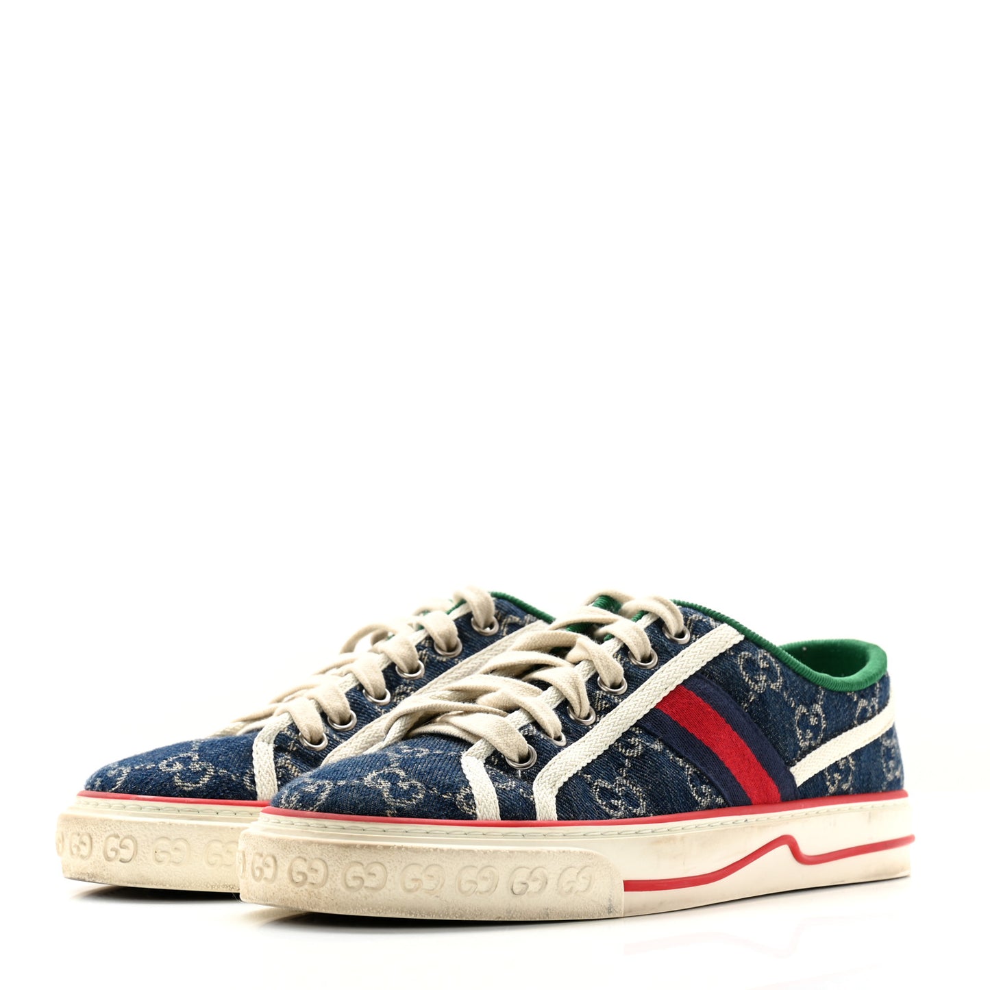 New Denim GG Monogram Web Womens 1977 Tennis Sneakers 37.5 Blue Tea Mystic White