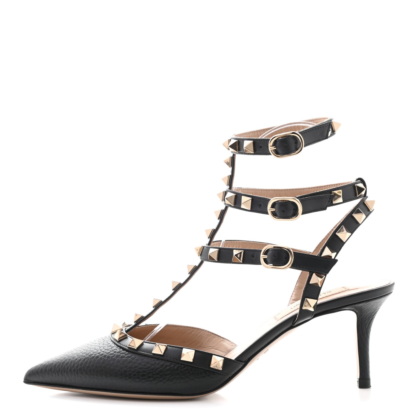 Pebbled Calfskin Rockstud Ankle Strap 65mm Pumps 37 Black