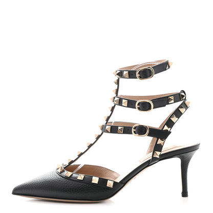 Valentino Garavani Pebbled Calfskin Rockstud Ankle Strap 65mm Pumps 37 Black 1 of 13