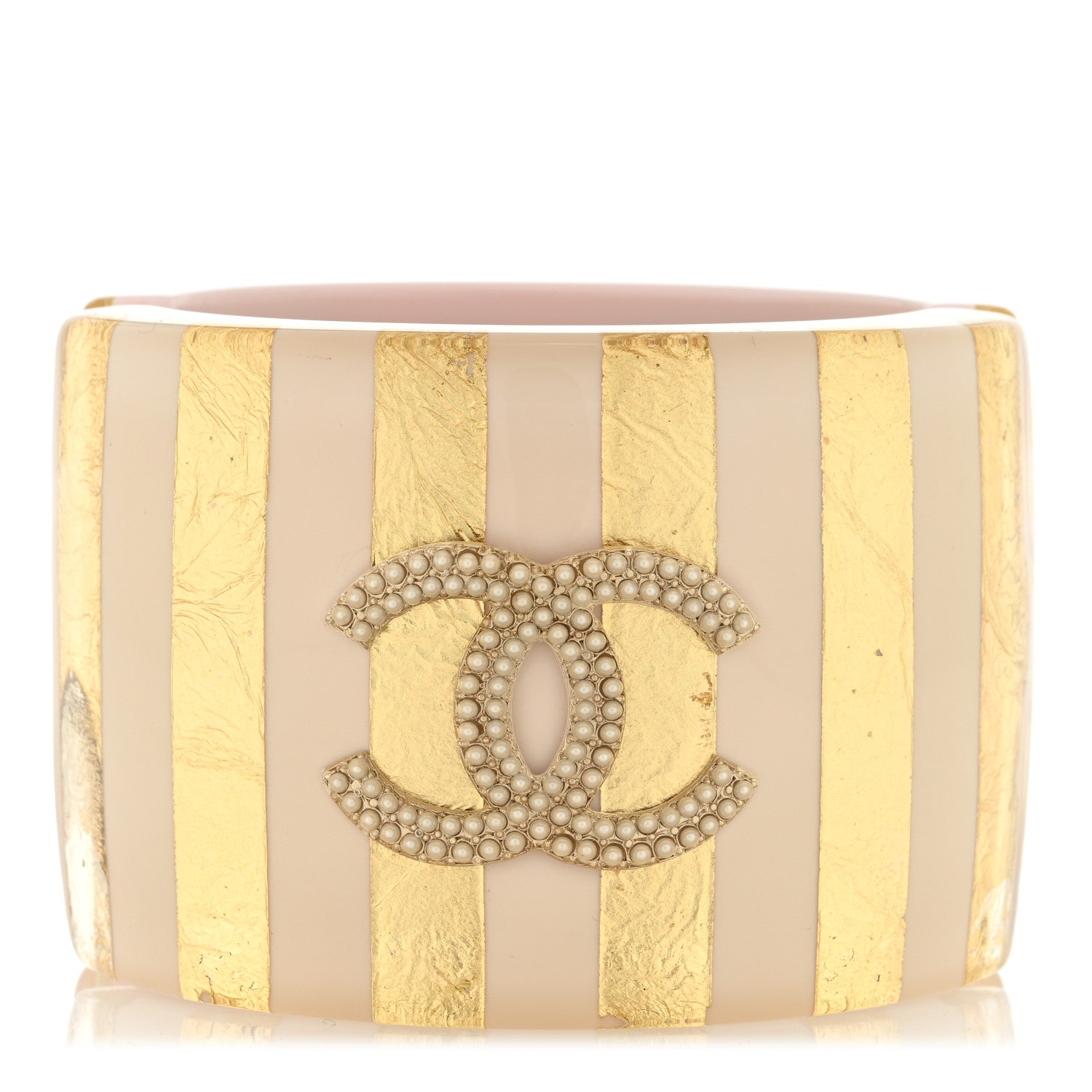 Chanel Resin Pearl CC Striped Cuff Light Gold Beige 1 of 4