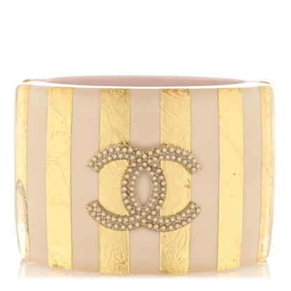 Chanel Resin Pearl CC Striped Cuff Light Gold Beige 1 of 4