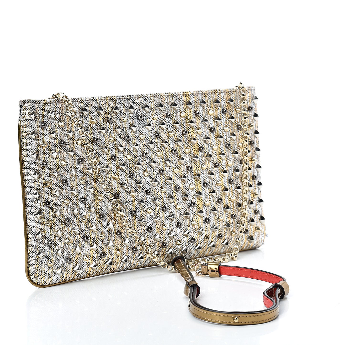 Metallic Raffia Spikes Loubiposh Chain Clutch Silver Gold