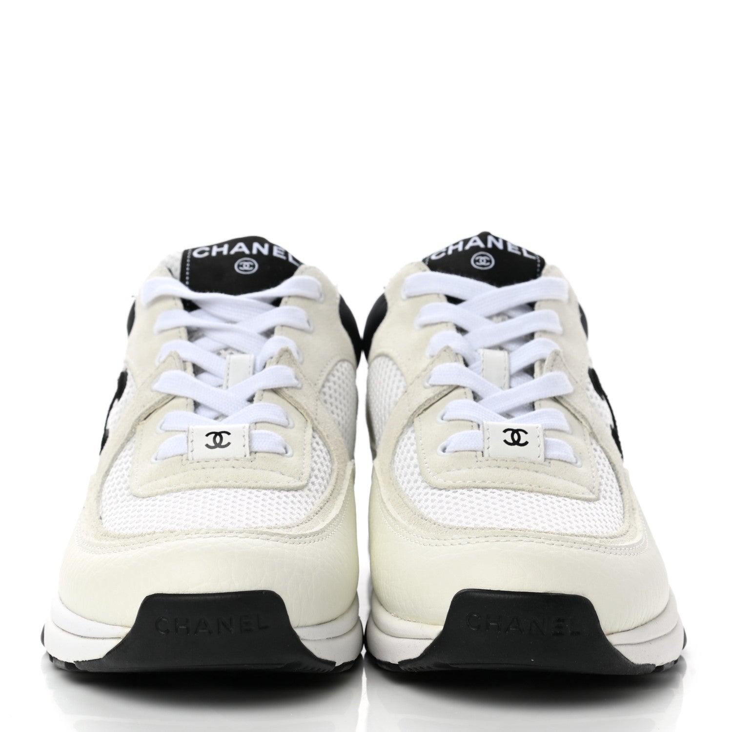 Chanel Mesh Suede Calfskin Grained Calfskin Womens CC Sneakers 37.5 White Black 2 of 8