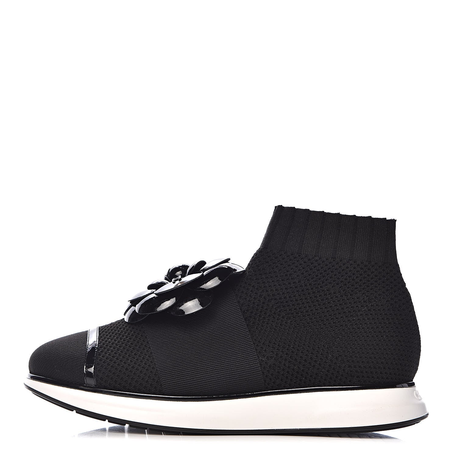 Chanel Knit Patent Calfskin Womens High Top Camellia Sneakers 36.5 Black 1 of 9