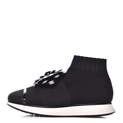 Chanel Knit Patent Calfskin Womens High Top Camellia Sneakers 36.5 Black 1 of 9