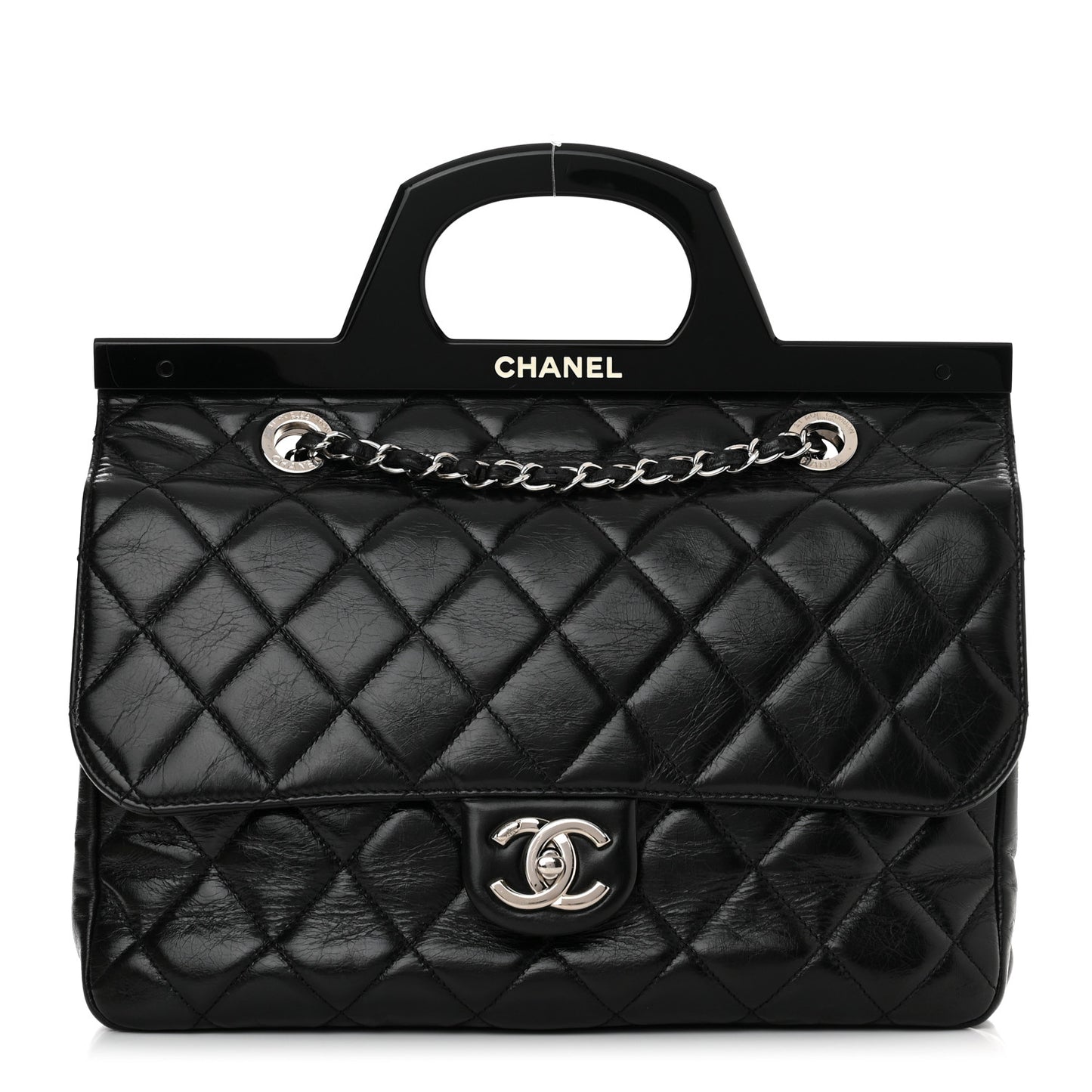 Glazed Calfskin Quilted Small CC Delivery Tote Black