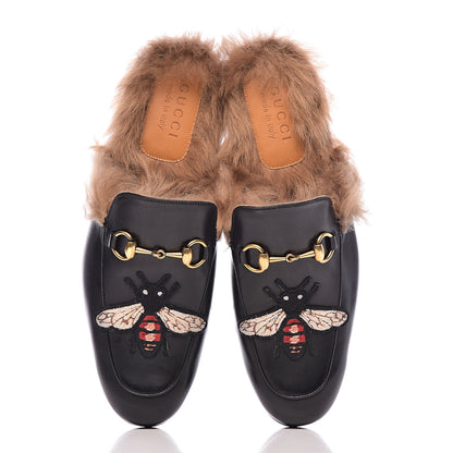 Gucci Calfskin Fur Bee Embroidered Mens Princetown Slippers 8 Black 8 of 9
