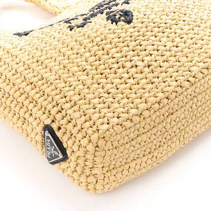 Prada Yarn Raffia Effect Crochet Embroidered Small Logo Tote Naturale 10 of 12