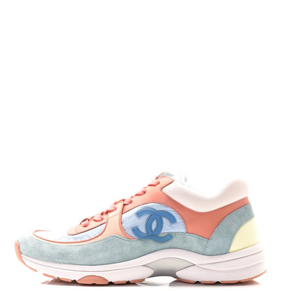 Chanel Nylon Lambskin Suede Calfskin CC Sneakers 41 Coral Light Blue White 1 of 7