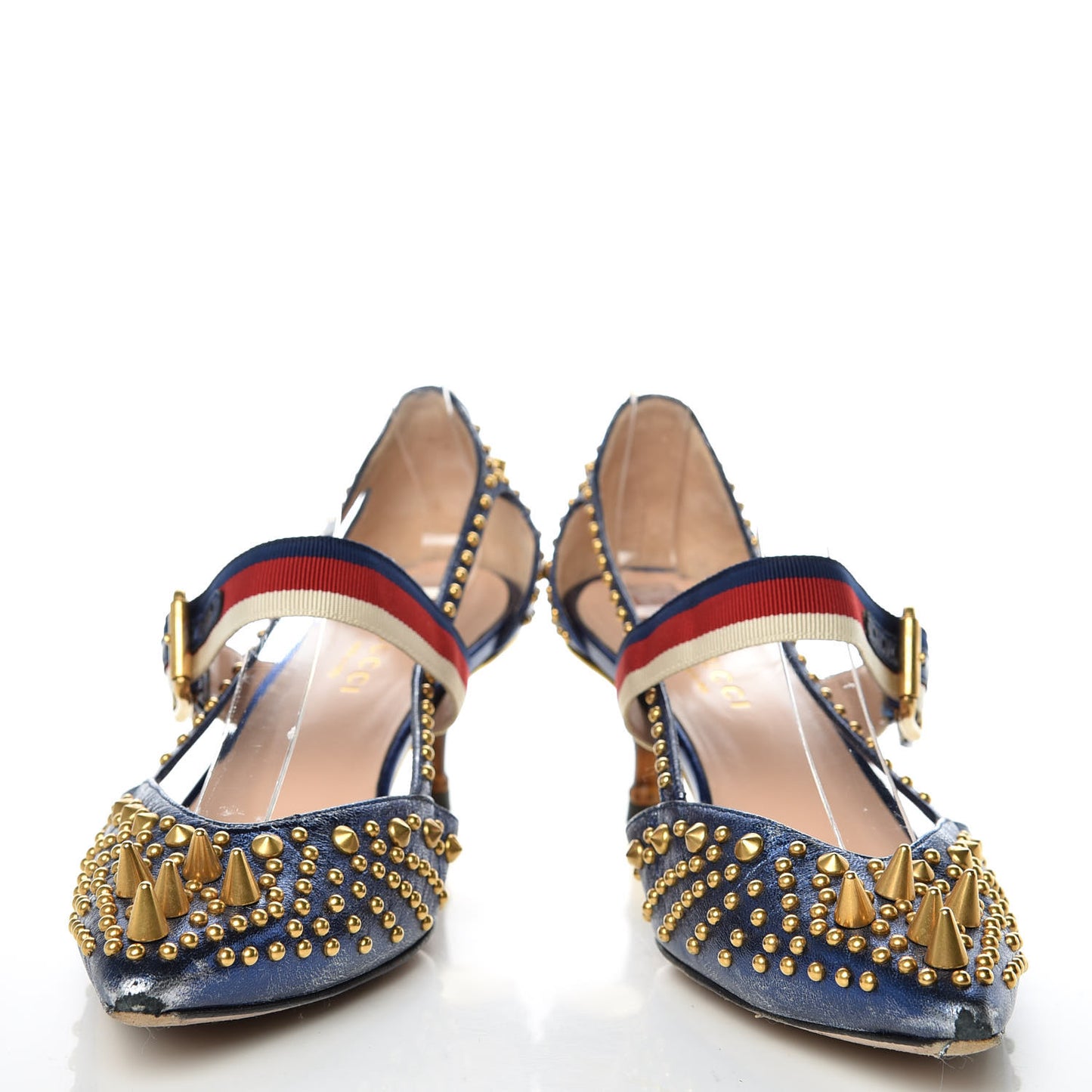 Metallic Nappa Silk Grosgrain Studded Sylvie Web Bamboo Low Heel Pumps 36.5 Sapphire