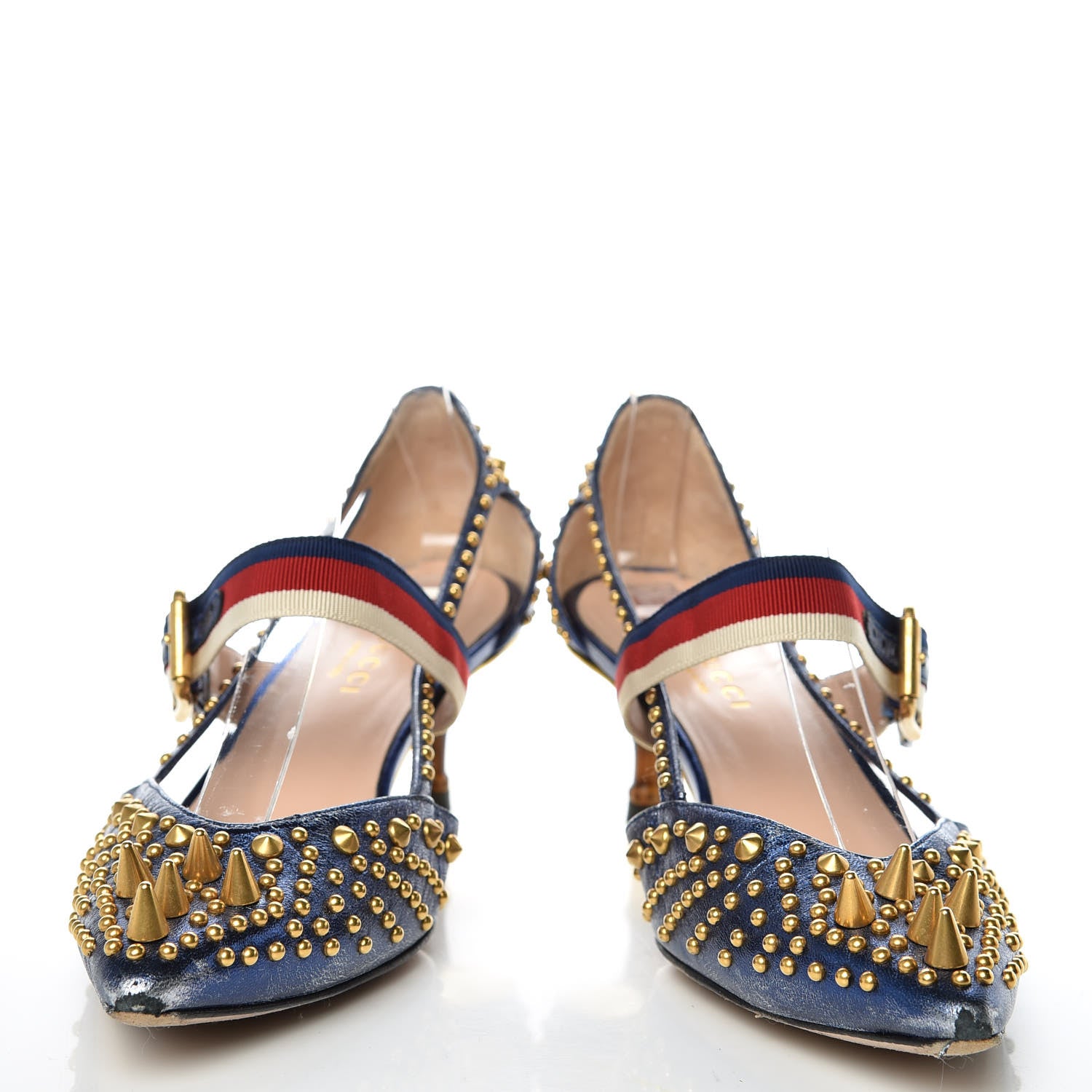 Gucci Metallic Nappa Silk Grosgrain Studded Sylvie Web Bamboo Low Heel Pumps 36.5 Sapphire 5 of 13