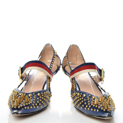 Gucci Metallic Nappa Silk Grosgrain Studded Sylvie Web Bamboo Low Heel Pumps 36.5 Sapphire 5 of 13