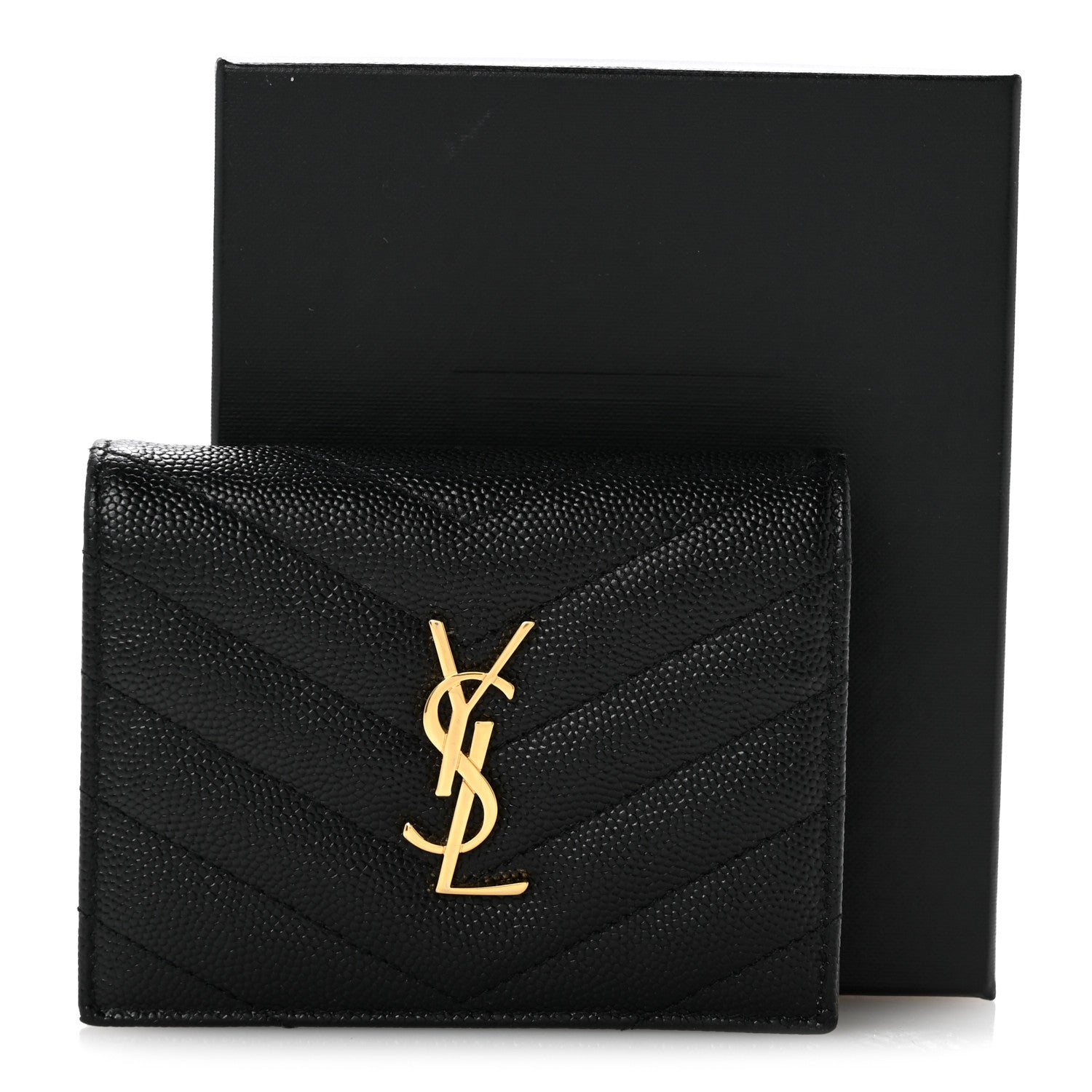 Saint Laurent Grain De Poudre Matelasse Chevron Monogram Flap Card Case Black 13 of 13